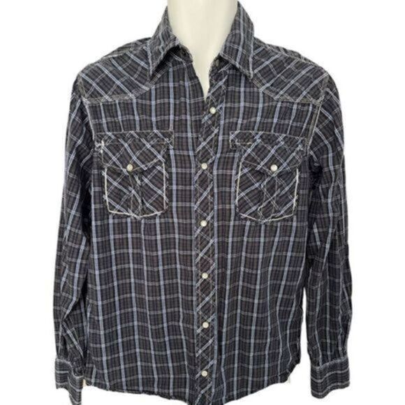 Red Snap Blue and White Plaid Distressed Long Sleeve Snap button Shirt. Size Med - Picture 1 of 9